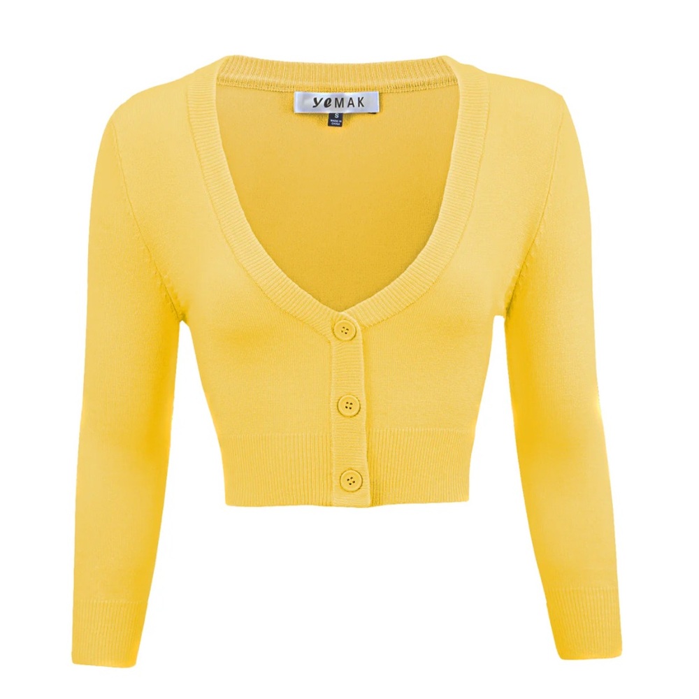 YEMAK Women's Cropped 3/4 Sleeve Cardigan Sweater Yellow Size S